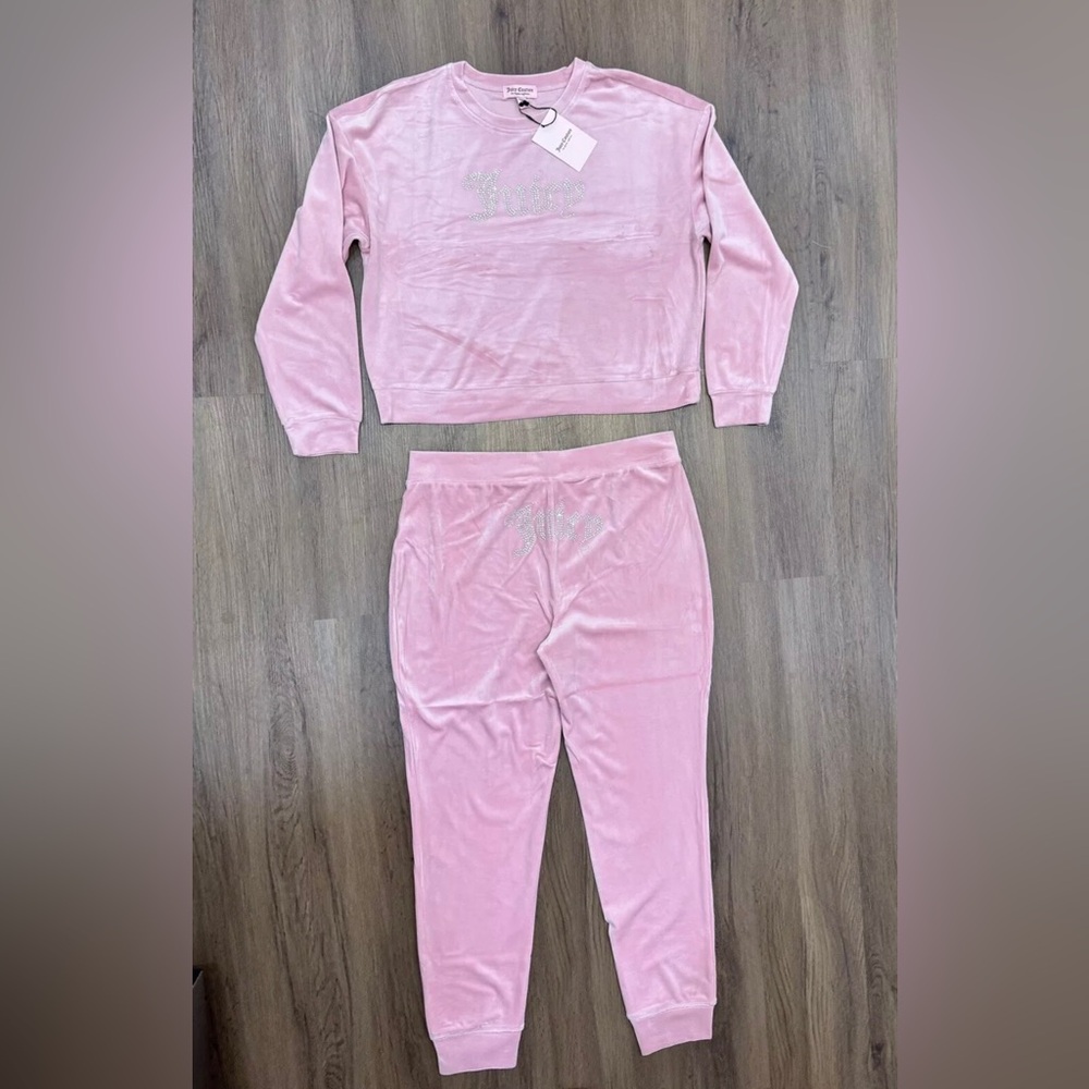 NWT JUICY COUTURE Velour OG Bling Tracksuit Hoodie & Pant Set Hot Pink Large